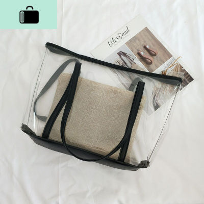 透明包包女2020新款潮夏塑料手提包单肩子母包沙滩包亚麻托特大包NEW LAKE女士单肩包