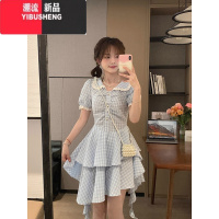 YIBUSHENG季新款蓝色潮流格纹娃娃领连衣裙复古学院风设计感不规则短裙子