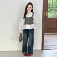 女童秋季套装新款女大童韩系假两件衬衫阔腿牛仔裤潮