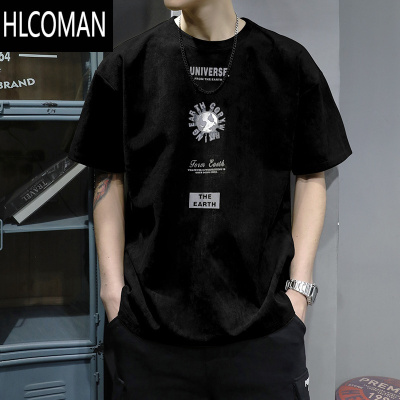 HLCOMAN夏季美式潮牌绒短袖T恤男宽松大码圆领体恤痞帅半袖上衣