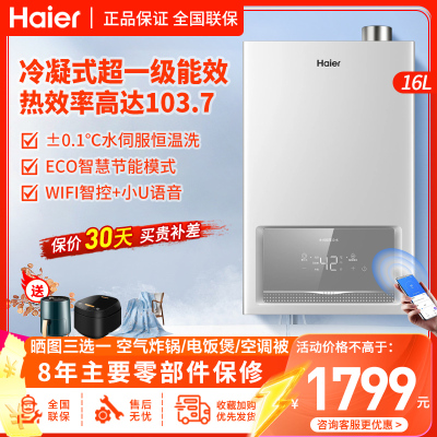 海尔(Haier)燃气热水器16升天然气超一级能效水气双调恒温家用WIFI智控高效冷凝换热 ECO