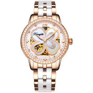 新奇特正品手表女士四叶草镂空自动机械表防水陶瓷钢带皮带钻爱心形时尚简约商务新款女表X-21