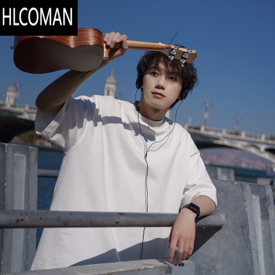 HLCOMAN精梳棉纯色小领口短袖t恤男款夏季宽松大码打底衫男生上衣服