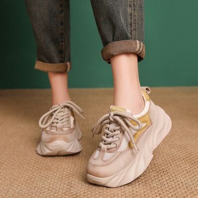 头层牛皮厚底拼色老爹鞋女2025春季新款舒适透气百搭休闲系带单鞋