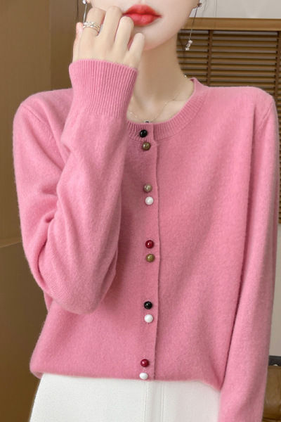 秋季新款小香风彩扣安迪绒针织圆领开衫女装毛衣外套上衣