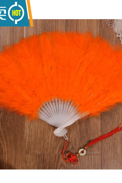 XIANCAI成人儿童羽毛扇子舞蹈扇旗袍走秀扇子宫延真羽毛表演扇折扇中国风 桔红色 21片羽毛扇子