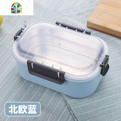 饭盒学生304不锈钢成人上班族单层长方形简约带盖少女快餐便当盒 FENGHOU 北欧绿[容量800ML]送勺子+筷子