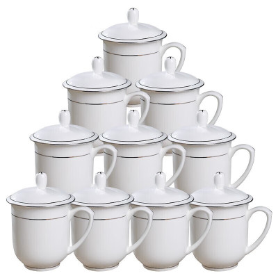 富强 陶瓷盖杯水杯金边会议杯 喝茶开会杯子360ml 十只装