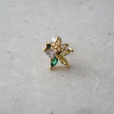 韩国进口耳钉精致镶嵌拼色绿钻花朵小巧耳骨钉旋转圆形拧堵送女朋友老婆情人节七夕生日礼物