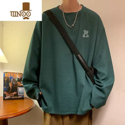 YANXU小熊墨绿色长袖t恤男百搭oversize华夫格圆领卫衣