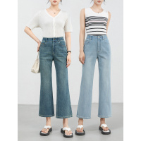 年夏季新款中高腰牛仔微喇九分裤女四面弹修身喇叭裤