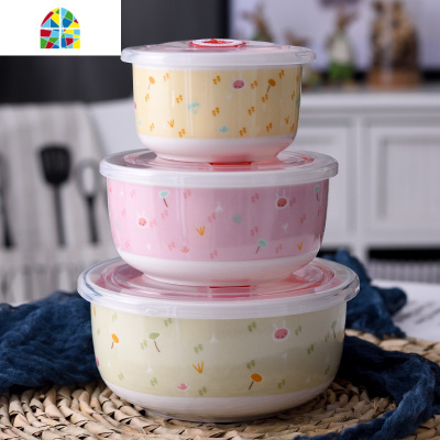 微波炉碗带盖面碗保鲜碗陶瓷三件套碗带盖饭碗套装 FENGHOU 糖果(蓝绿色)送筷