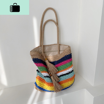 上新包包女2020夏季新款洋气休闲单肩包时尚编手提大容量水桶包NEW LAKE 棕色女斜挎包