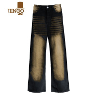 YANXUR0715国潮深蓝水洗做旧长裤男美式复古黄泥色cleanfit直筒牛仔裤