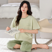 莫代尔夏季女士带胸垫短袖七分裤套装青少年休闲可外穿大码家居服