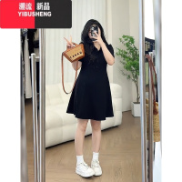 YIBUSHENG宣宣大码气质polo领正肩高级感小黑裙女胖mm拽姐风收腰显瘦连衣裙