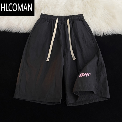 HLCOMAN美式直筒松紧抽绳速干沙滩短裤男士夏季薄款五分篮球运动宽松裤子