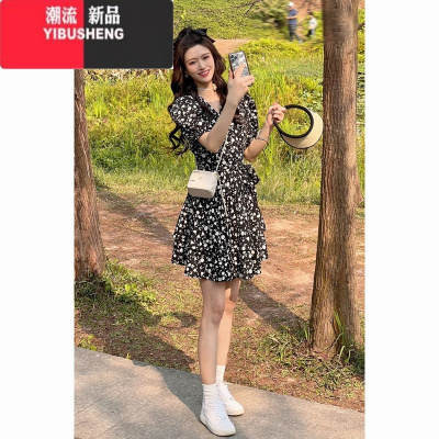 YIBUSHENG连衣裙2024年新款高级感V领气质收腰显瘦一片式碎花裙子女