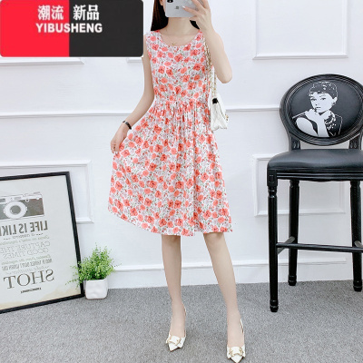 YIBUSHENG棉绸连衣裙女外穿小个子中长款收腰显瘦沙滩裙人造棉无袖碎花裙子