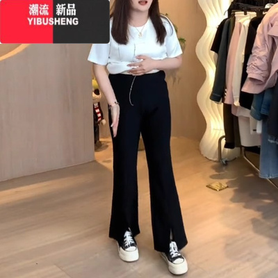 YIBUSHENG大码高级垂感微喇叭裤早秋新款胖mm高腰显瘦阔腿裤宽松开叉长裤子