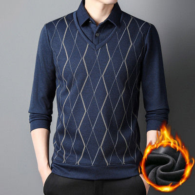 加厚假两件长袖T恤衫男秋冬新款保暖加绒打底Polo衫中年男装上衣_02