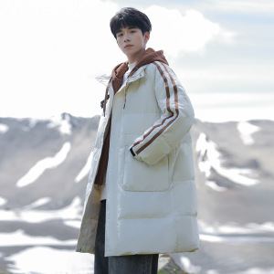 羽绒服男冬季90白鸭绒情侣中长款保暖外套连帽时尚假两件男装