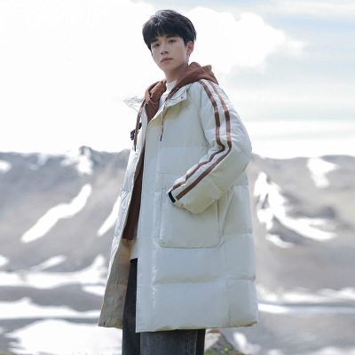 羽绒服男冬季90白鸭绒情侣中长款保暖外套连帽时尚假两件男装