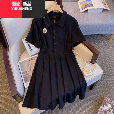 YIBUSHENG大码宽松胖mm300斤polo领短袖连衣裙女季新款收腰显瘦百褶a字裙