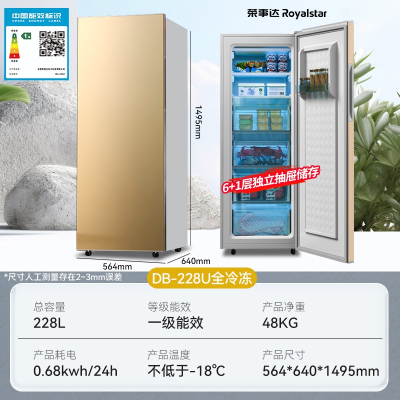 荣事达(Royalstar)立式冰柜家用小型冷冻小冰箱储奶侧开抽屉宿舍租房用_228L新款全冷冻一级能效61存储