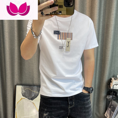 七斓2022新款潮流短袖T恤男圆领印花ins欧货上衣修身潮牌百搭体恤