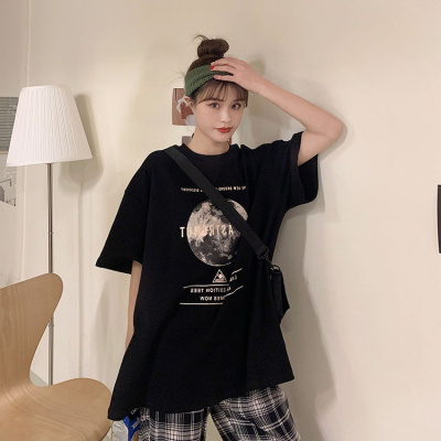 夏季韩版新款短袖T恤女圆领宽松学生中长款女士上衣女装