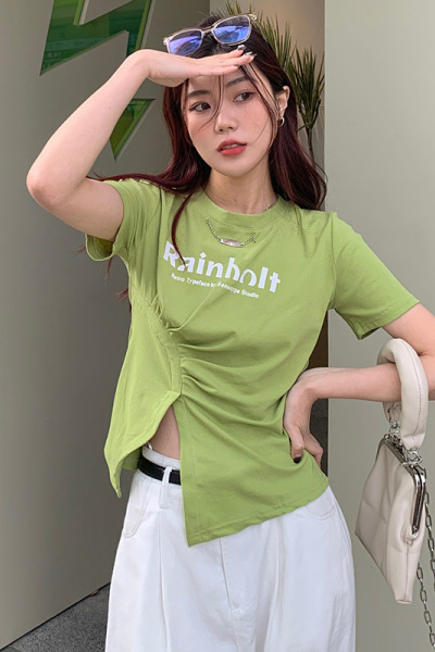 美式辣妹开叉短袖T恤女夏季含棉正肩打底衫女士性感短款上衣女装