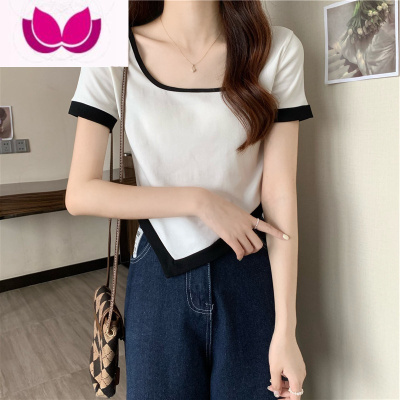 七斓撞色拼接正肩短袖T恤女夏季2023新款设计感小众短款甜辣妹上衣服