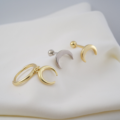 整体925银简约光面月亮气质百搭耳骨钉圈形耳环日韩送女朋友老婆情人节七夕生日礼物