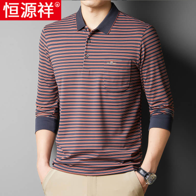 恒源祥长袖t恤男士Polo衫中老年条纹爸爸装春秋薄款宽松口袋上衣