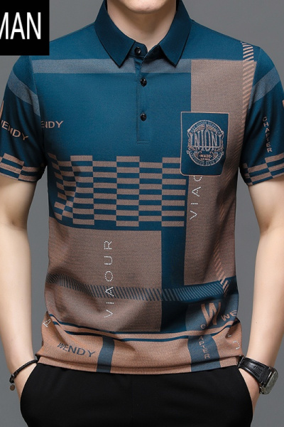 HLCOMAN爸爸夏装冰丝光棉短袖t恤男士中年印花宽松打底衫半袖男T