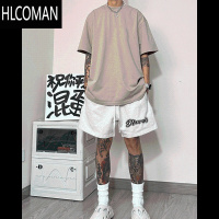 HLCOMAN美式休闲字母印花抽绳痞帅短裤男款夏季潮牌高街风直筒运动五分裤