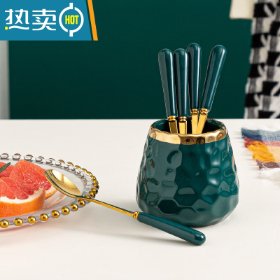 敬平水果叉家用高端甜品叉收纳罐套装儿童安全小叉子轻奢水果罐果签插 祖母绿水果罐[送6勺]