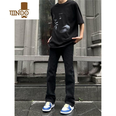 YANXU高街新款基础无弹水洗微喇牛仔裤男款美式I休闲显瘦长裤男女潮