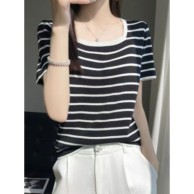 冰丝方领条纹针织短袖女士休闲宽松拼色T恤夏复古套头打底上衣薄
