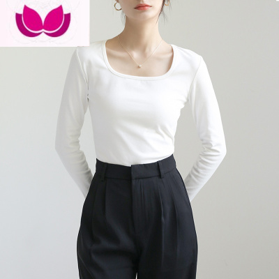 七斓大U方领白色打底衫女内搭长袖t恤露锁骨纯欲奶系紧身上衣