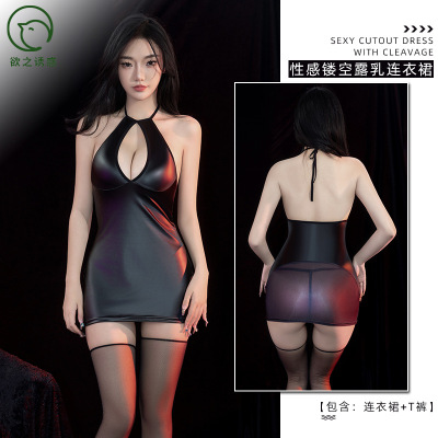 情趣内衣性感制服诱惑漆皮夜店女郎拼接透视包臀绑带紧身连衣裙女
