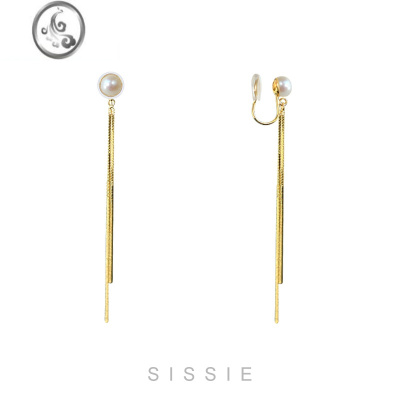 JiMi淡水珍珠流苏蛇骨链耳线金属蚊香盘耳夹无耳洞女无痛气质耳饰