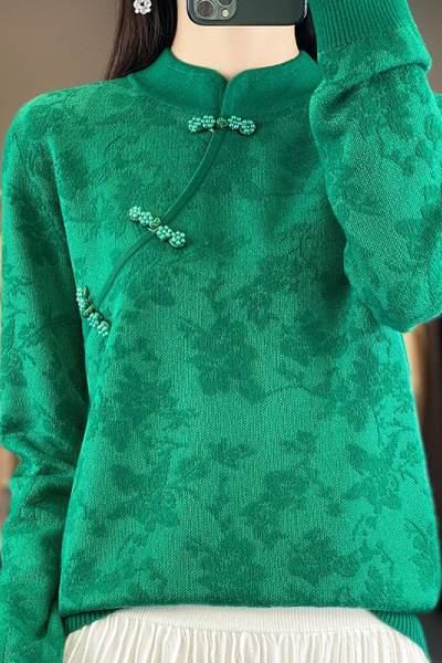 新中式旗袍立领羊毛衫女秋冬提花上衣宽松百搭蚕丝针织打底衫毛衣_4