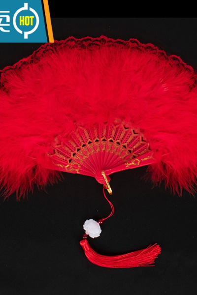 XIANCAI羽毛扇舞蹈旗袍走秀折扇汉服蕾丝扇子古风黑色女舞蹈扇网红 白色 红色羽毛蕾丝扇双面带穗
