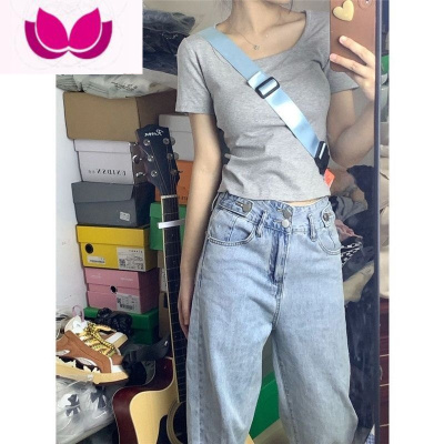 七斓灰色正肩短袖t恤女夏季2023新款设计感小众别致辣妹方领短款上衣