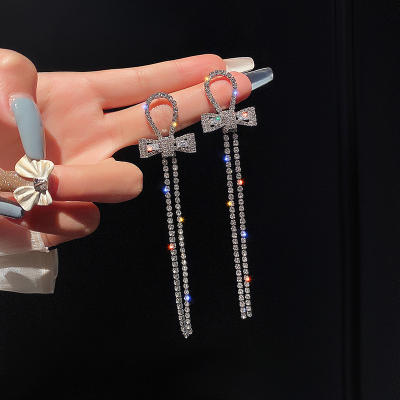 蝴蝶结耳饰女2023年新款潮闪钻网红高级感轻奢长流苏耳环银针耳钉送女朋友老婆情人节七夕生日礼物