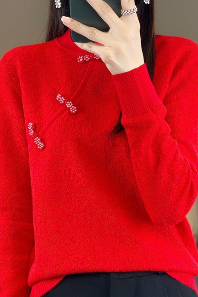 新中式旗袍立领羊毛衫女秋冬提花上衣宽松百搭蚕丝针织打底衫毛衣