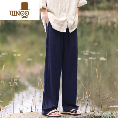 YANXU中国风亚麻男士休闲裤大码宽松日系垂感长裤棉麻透气中式直筒裤子