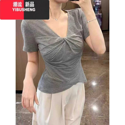 YIBUSHENG不规则纯欲V领正肩短袖T恤2024季新款大码胖mm收腰遮肉上衣